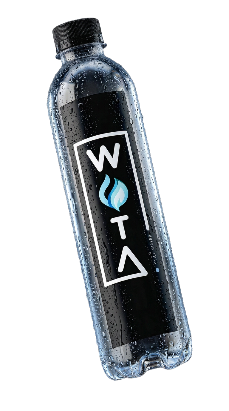 Front label of a WOTA bottle carrying a client brand full-wrap design