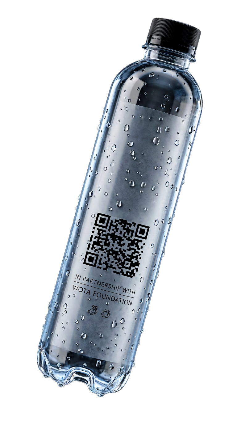Back label of a WOTA bottle showing the trackable smart QR code