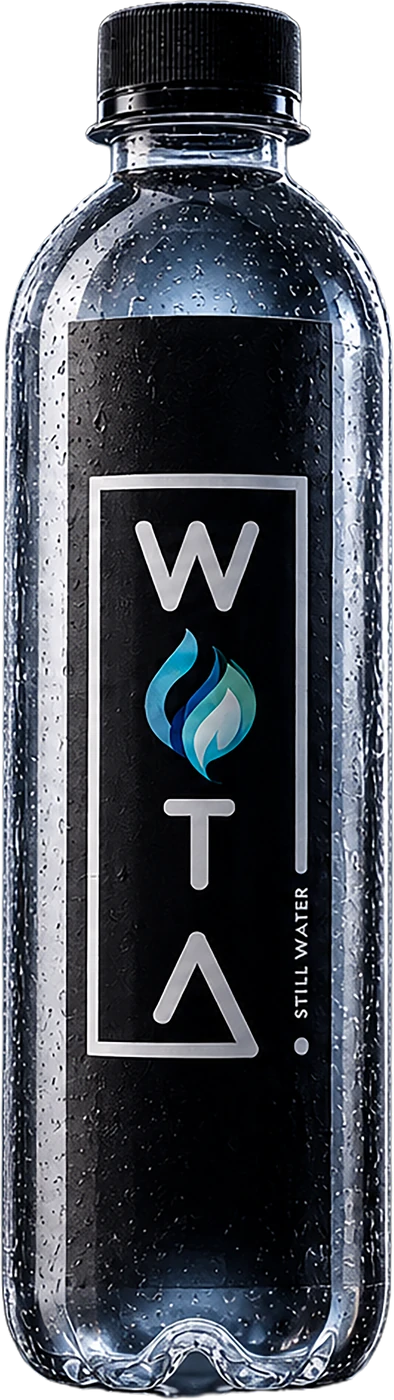 A WOTA still water bottle with the brand label on the front